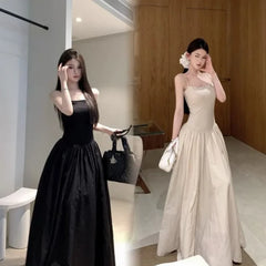 Temperament Apricot Suspender Dress Gentle Vacation Style Waist Cinched Backless Big Swing A-line Long Skirt Q147