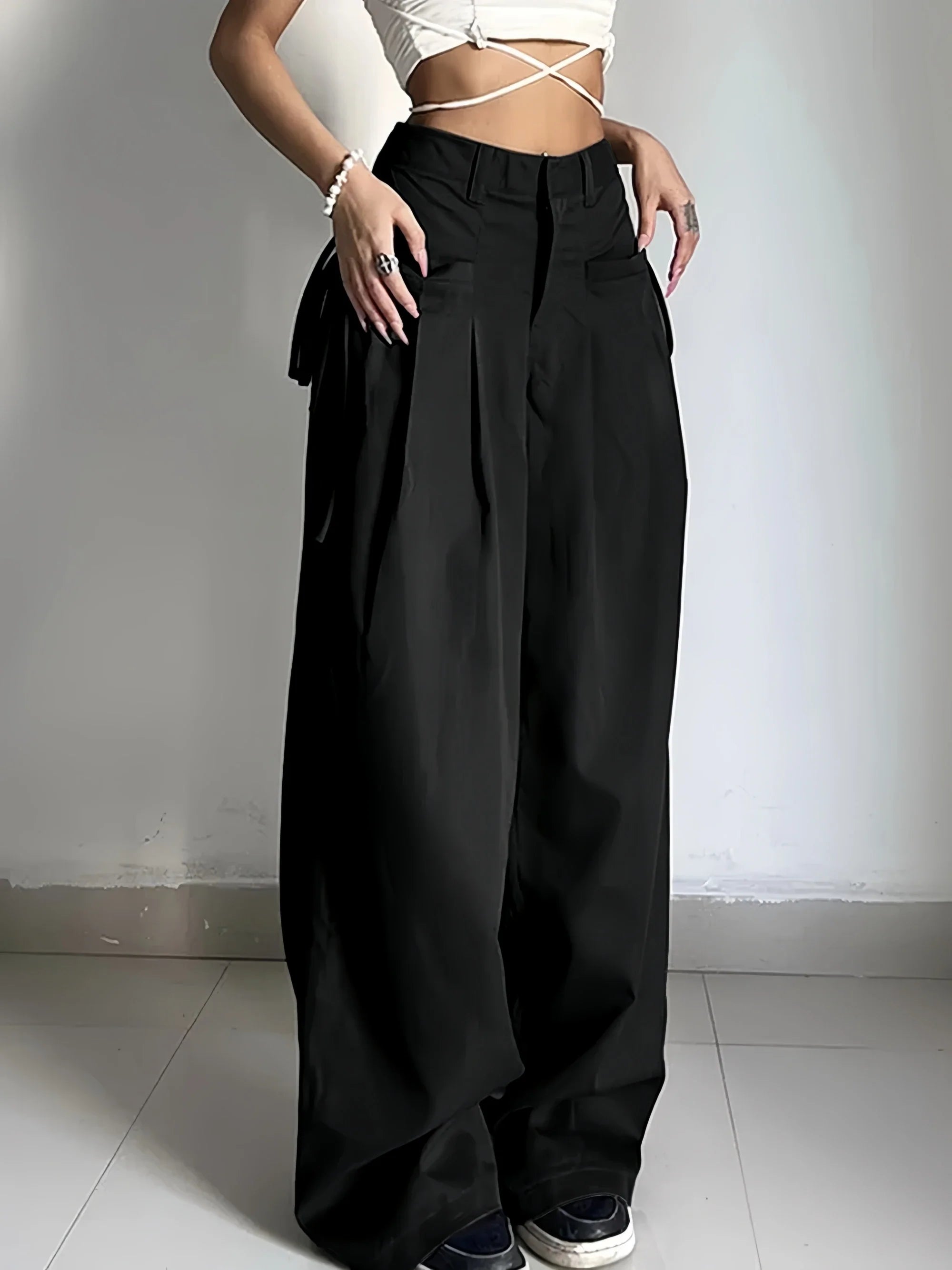 Black High Waist Wide Leg Suit Pants Pleated Front Side Tie Detail Loose Fit Casual Streetwear Trousers