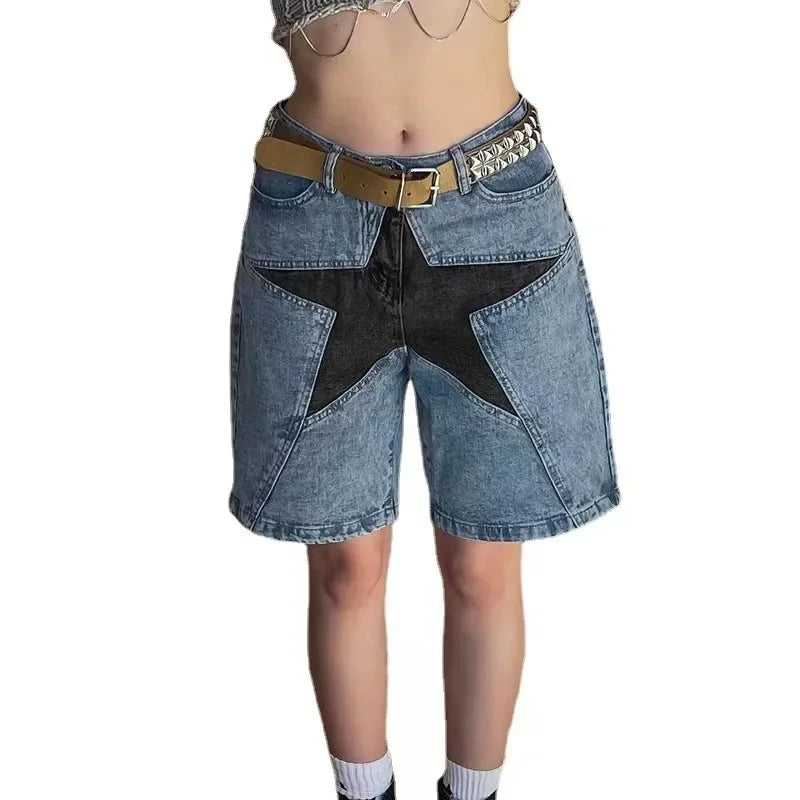 Aelfric Eden Star Patchwork Denim Shorts Hip Hop Streetwear Shorts Y2K Harajuku Casual Track Shorts Sweatpants