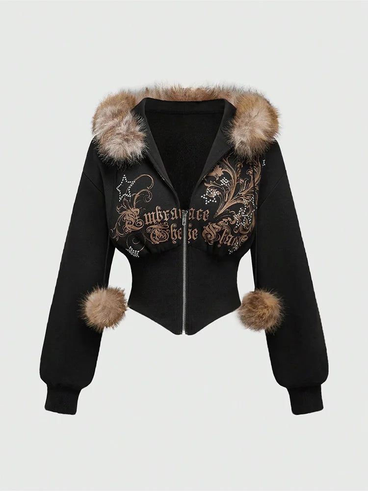 Warm Gothic Print Hoodie Faux Fur Crop Top Zip-Up Sweatshirt Y2K Streetwear Hooded Jacket New