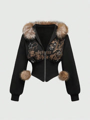 Warm Gothic Print Hoodie Faux Fur Crop Top Zip-Up Sweatshirt Y2K Streetwear Hooded Jacket New