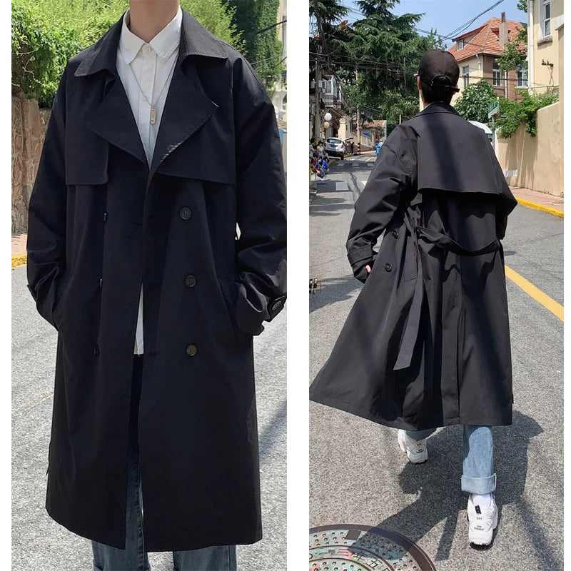 Korean style Trench Coat Male Streetwear Windbreaker Trenchcoat Solid Business Casual Loose Long Overcoat
