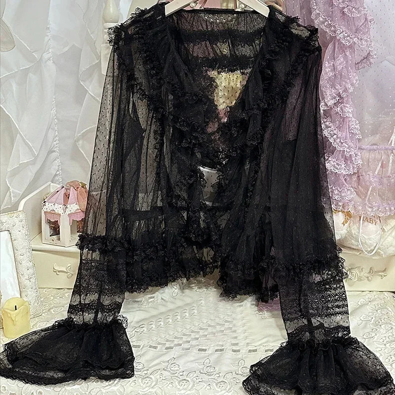 Lolita Sweet Shirts Lace Mesh Harajuku Blouse Y2K Long Sleeve Preppy Style Cardigan Japanese Ruffles Tops