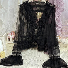 Lolita Sweet Shirts Lace Mesh Harajuku Blouse Y2K Long Sleeve Preppy Style Cardigan Japanese Ruffles Tops