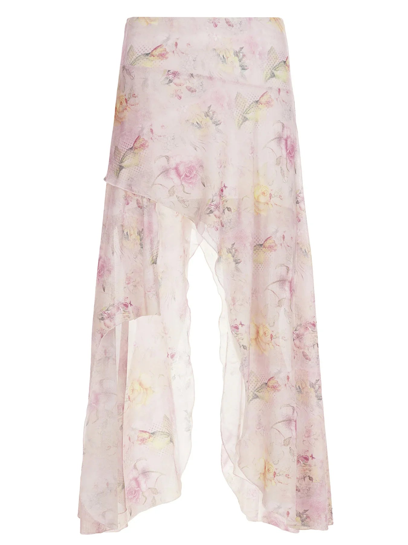 Rockmore Bohemian Floral Printed Mesh Skirt with Asymmetrical Ruffled Hem Romantic Elegant Beach Vacation Skirts