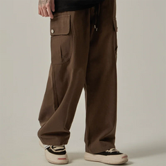 Sweatpants Vintage Japanese Wide Leg Straight Loose Button Big Pockets Cargo Pants Drawstring Trousers