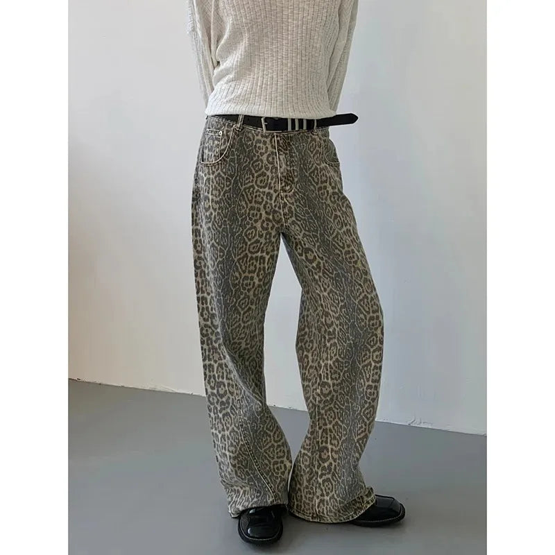 Jeans Leopard High Waist Hip Hop Straight Pants Streetwear Harajuku Y2K Style Wide Leg Denim Trousers