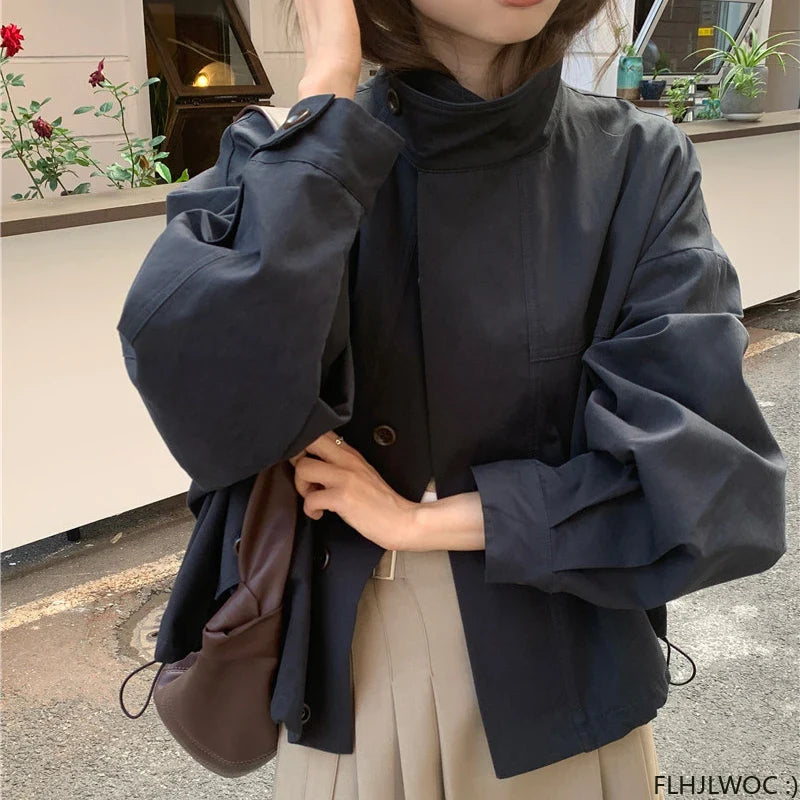 Korea Short Outerwear Casual Loose Lazy Chic Long Sleeve Cotton Blends Windbreaker Coats Thin Thench