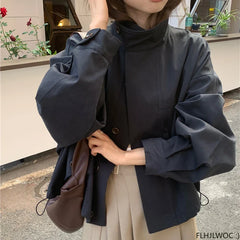 Korea Short Outerwear Casual Loose Lazy Chic Long Sleeve Cotton Blends Windbreaker Coats Thin Thench