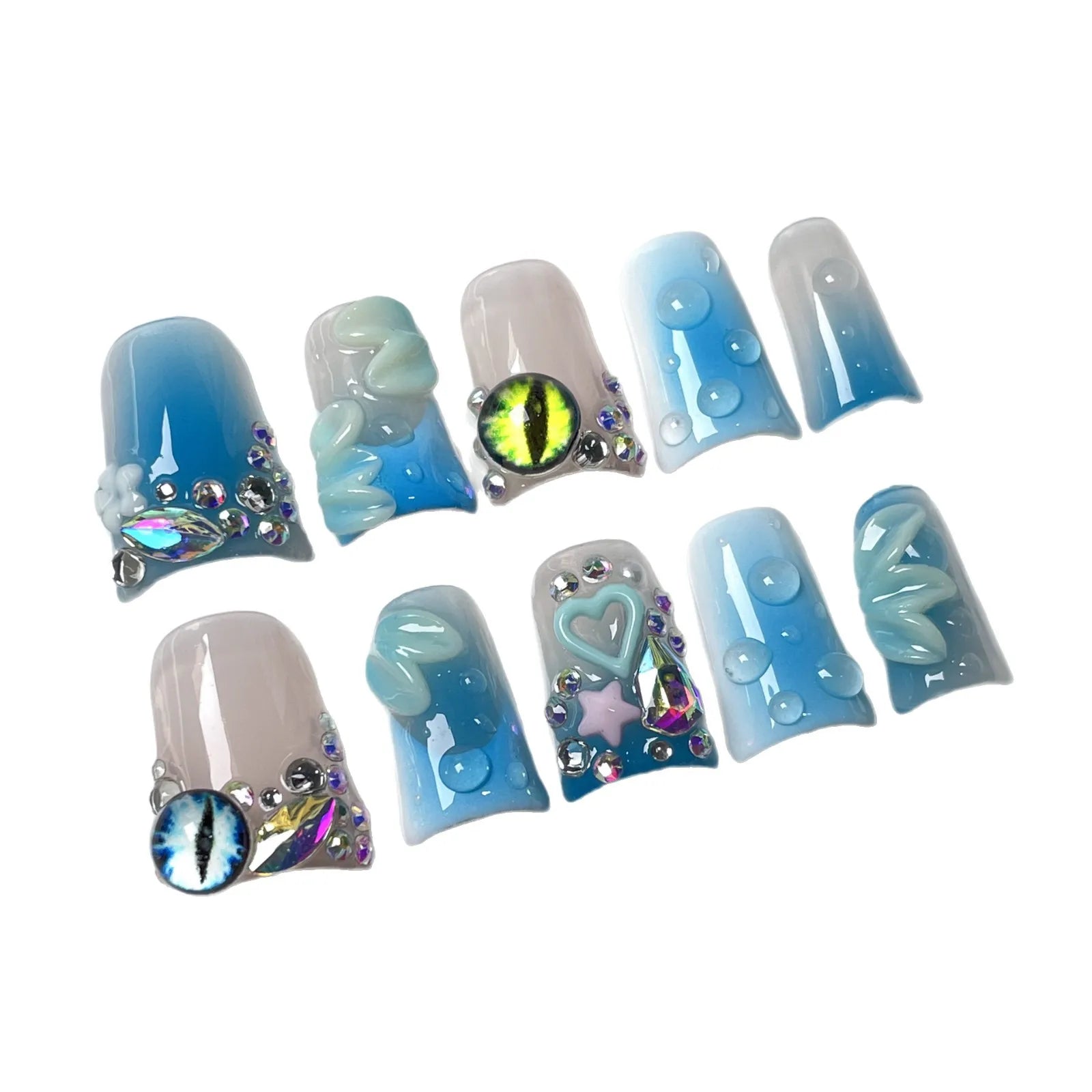 10pcs Gradient Blue Fake Nails Glossy Cat's Eye 3D Flower Shiny Diamond Press On Nail Blush Duckbill Handmade False Nail