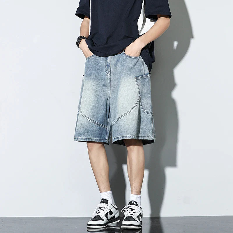 Baggy Denim Shorts Casual Straight Harajuku Jeans Male Vintage Wash Drawstring Short Pants Streetwear