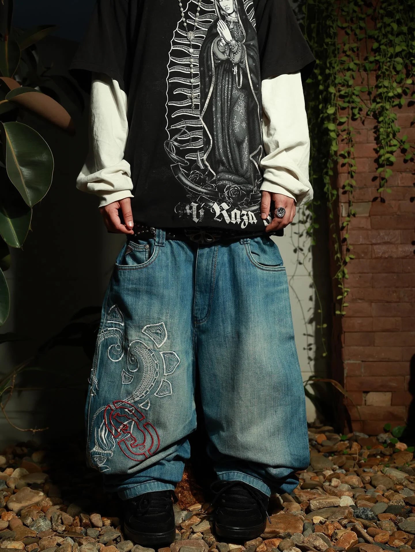 Unisex White Red Tribal Flame Print Loose Wide Leg Jeans Y2K Grunge Streetwear Oversized Denim Pants