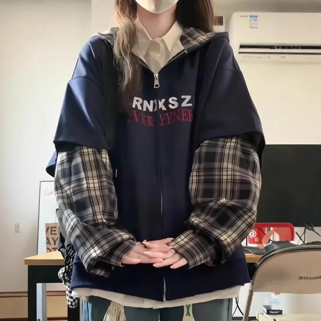 Two-Piece Illusion Plaid Hooded Sweatshirt Thin Style Design Sensibility Niche Loose Fit Idle Style Couple