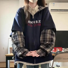 Two-Piece Illusion Plaid Hooded Sweatshirt Thin Style Design Sensibility Niche Loose Fit Idle Style Couple