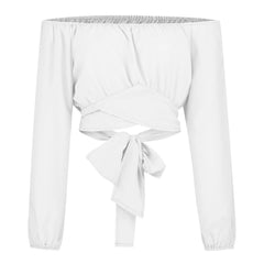 Off Shoulder Shirts Puff Long Sleeve Y2K Crop Tops Clothes Black White Blouse Bandage Elegant Shirt