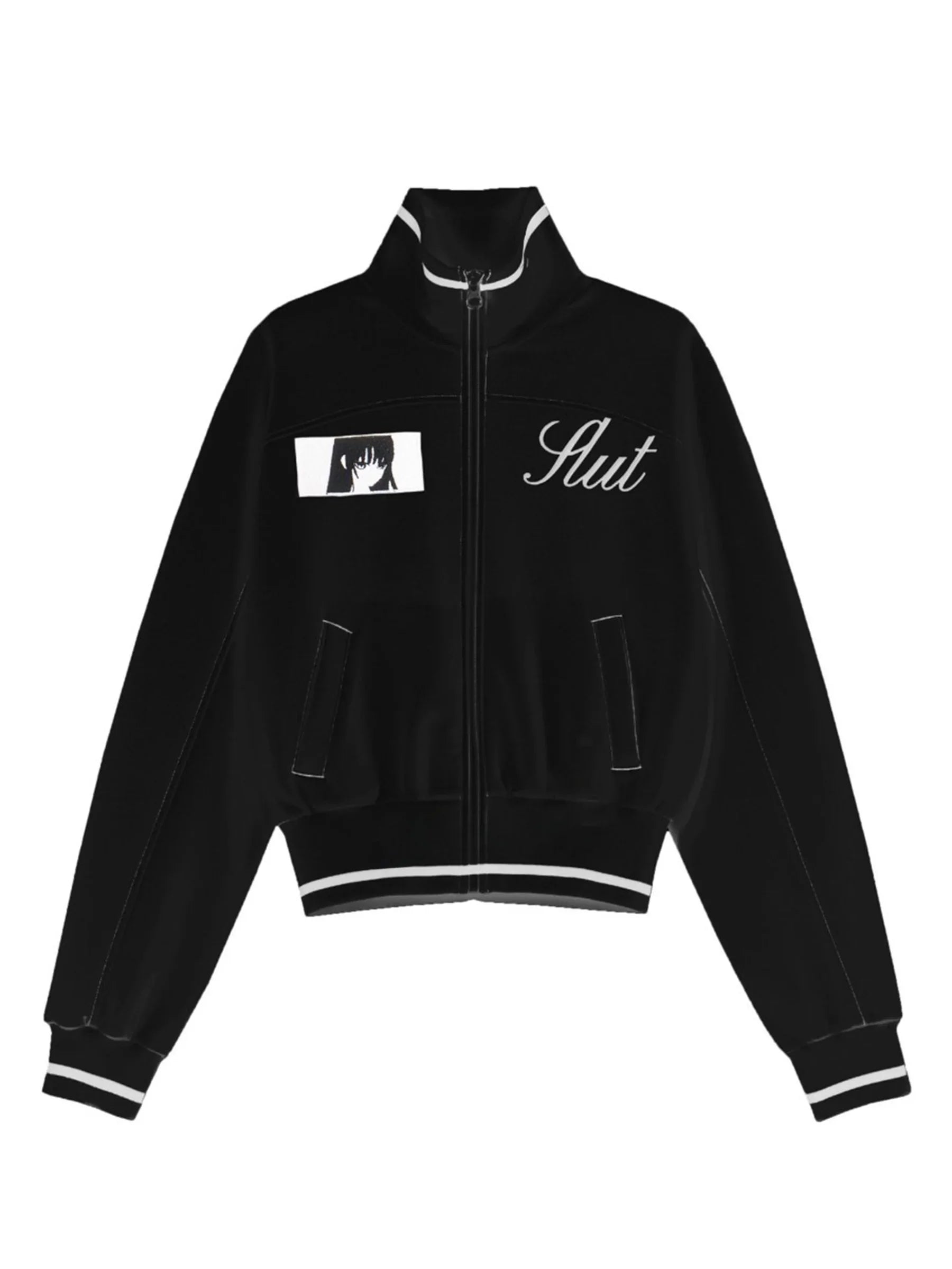 Japanese Subculture Anime Geometric Embroidery Short Jacket Stand Collar Zipper Contrasting Slim