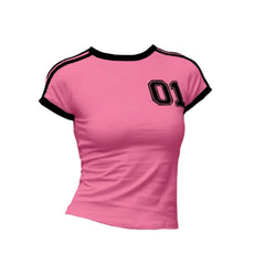 Y2K Trends White Crop Tops Streetwear Baby T-Shirt Short Sleeve Splicing Vintage Slim