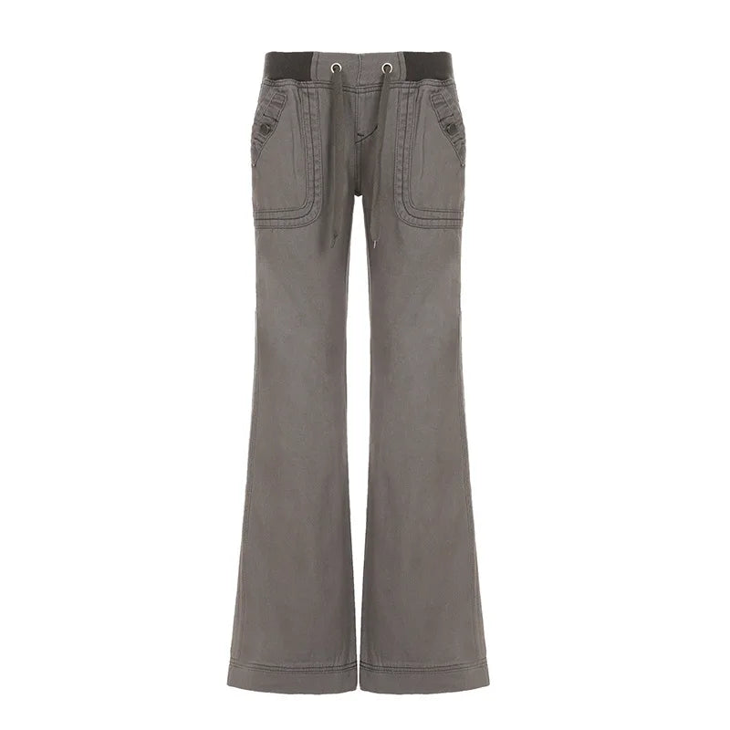 Retro Lace-up Low Rise Pants Streetwear Patchwork Loose Casual
