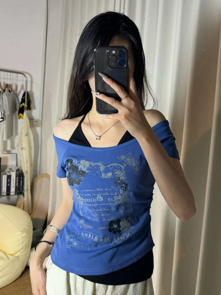 Vintage Fake Two Piece Halter Lace Up T-shirts Y2k Slim Fit Print Tops Off Shoulder Short Sleeve Tee Shirt