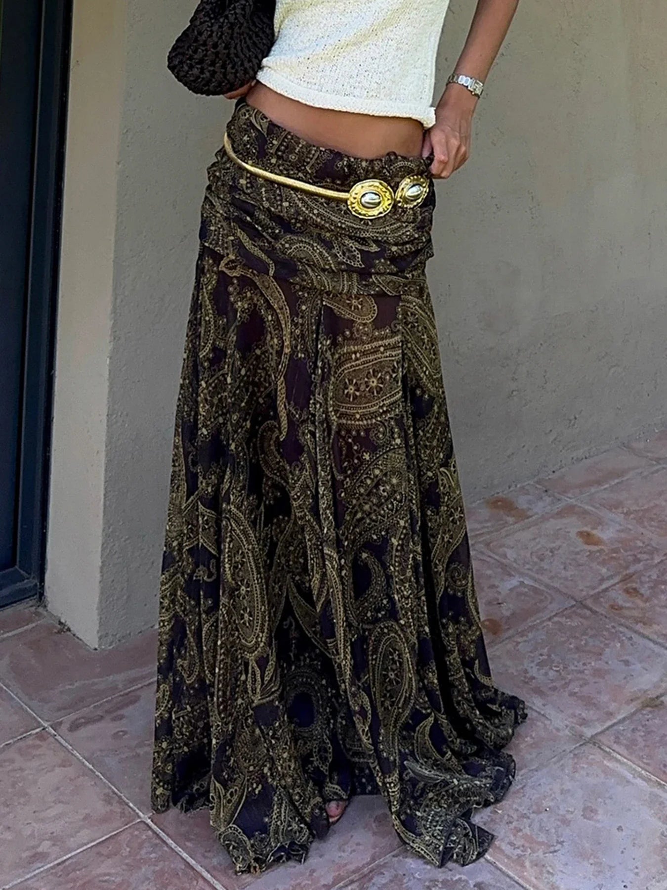 SUCHCUTE Brown vintage Print Low-Waist Skirts