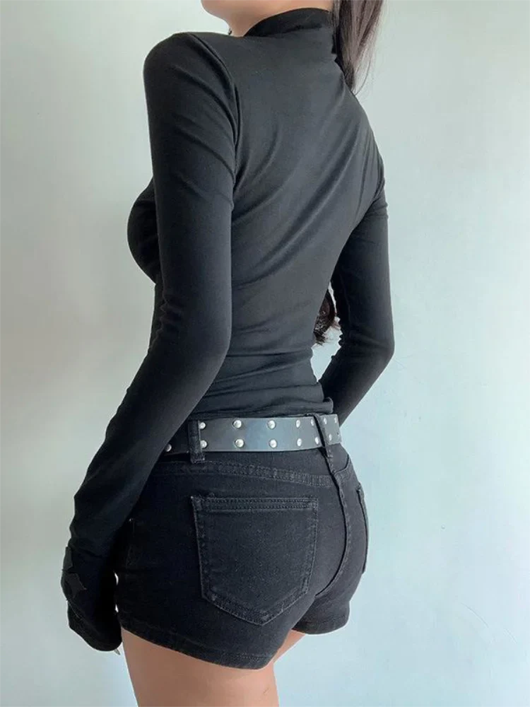 Turtleneck Top Y2k Clothes Black Gothic Cross Hollow Slimming Bottom T Shirt