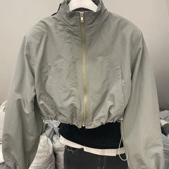 Vintage Windbreaker Cropped Jackets Harajuku Oversized Streetwear Long Sleeve Elegant Top