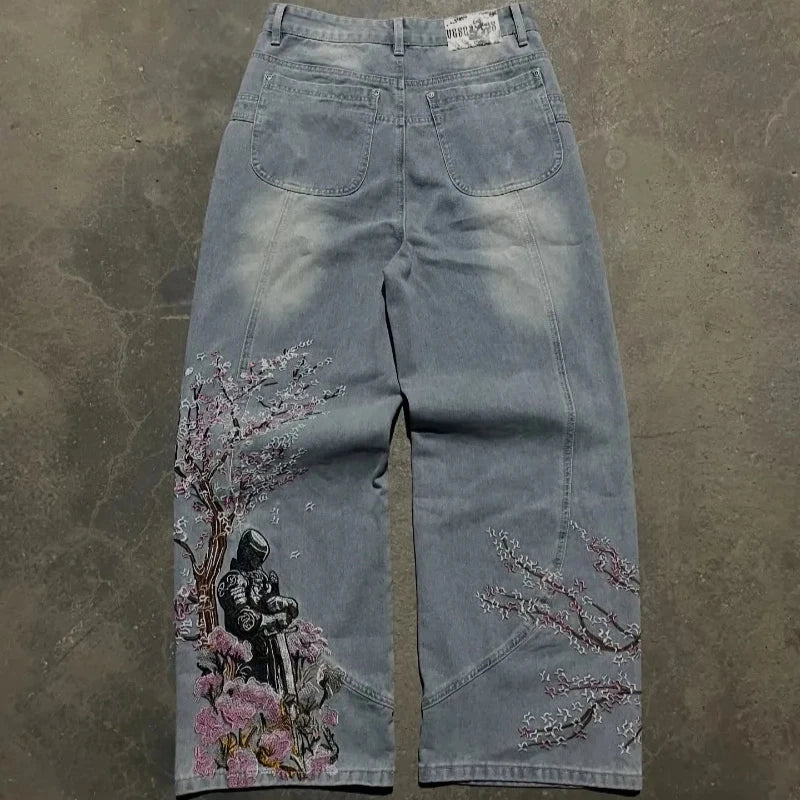 American Vintage Cherry Blossom Pattern Embroidered Blue Jeans Y2K Street Wild Straight Wide-leg Trousers