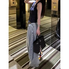 American Style High Waist Wide Leg Denim Jeans Retro Knife Edge Loose Fit Floor Length Pants