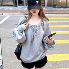 Bandage Pleated Solid Lazy Style Hoodies Sweatshirts Long Sleeve Loose Tops Korean Casual Clothing