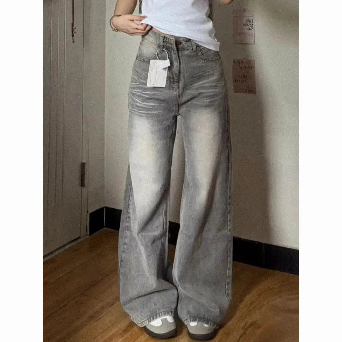 Vintage Wide-Leg Jeans Grey American Style Straight-Leg Casual Pants