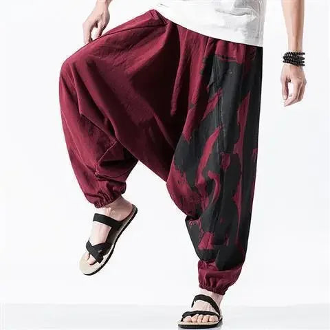 Hip Hop Style Loose Fit Low Waist Cotton Linen Special Cropped Pants Japanese Style Baggy Pants