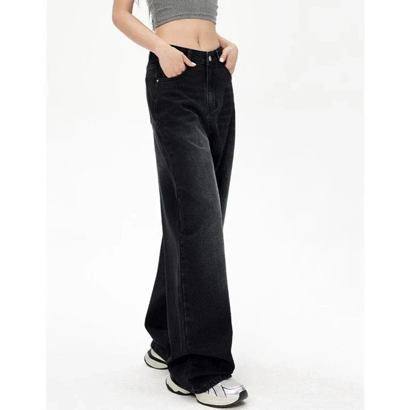 Lady Retro Black Gray High Waist Jeans Straight Leg Denim Trousers Girls Loose Fit Thin Casual Pants