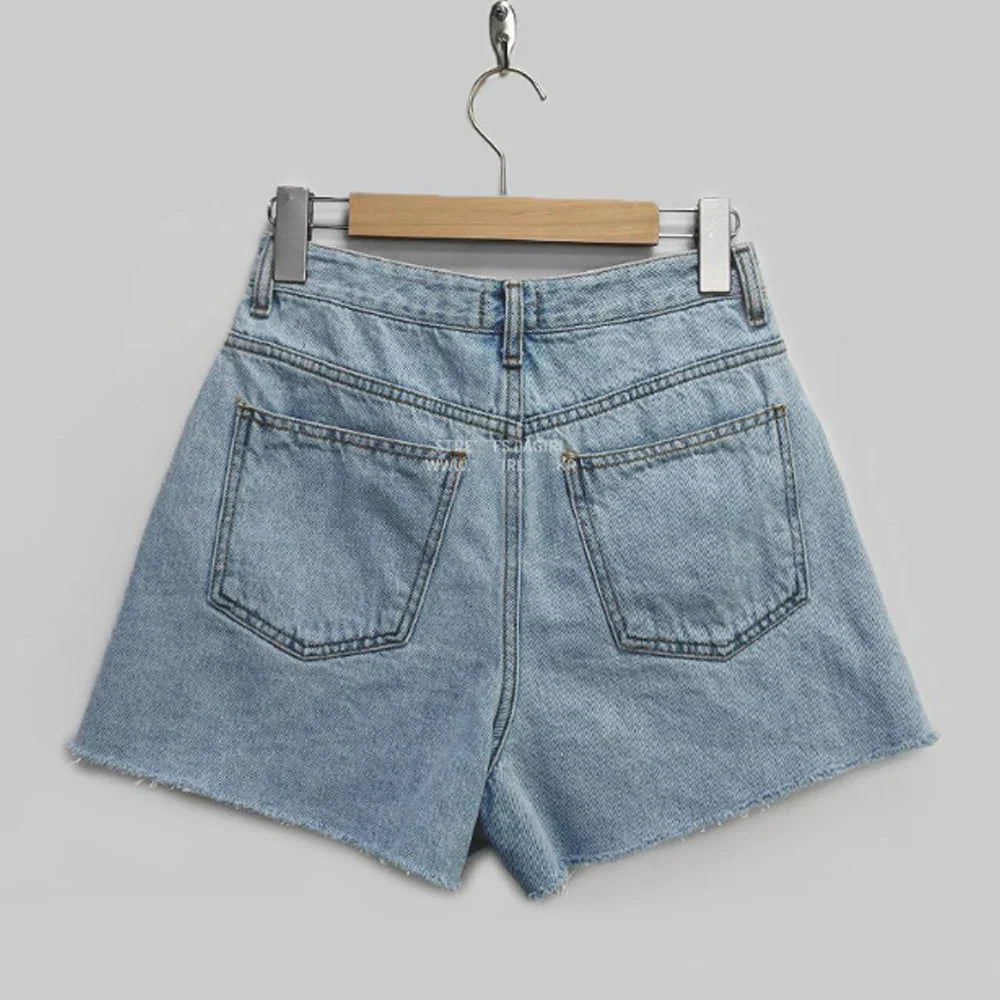 Korean Y2K High Waist Jorts LOVE Heart Shaped Pattern Denim Shorts Casual Jeans Chic Straight Washed Pants