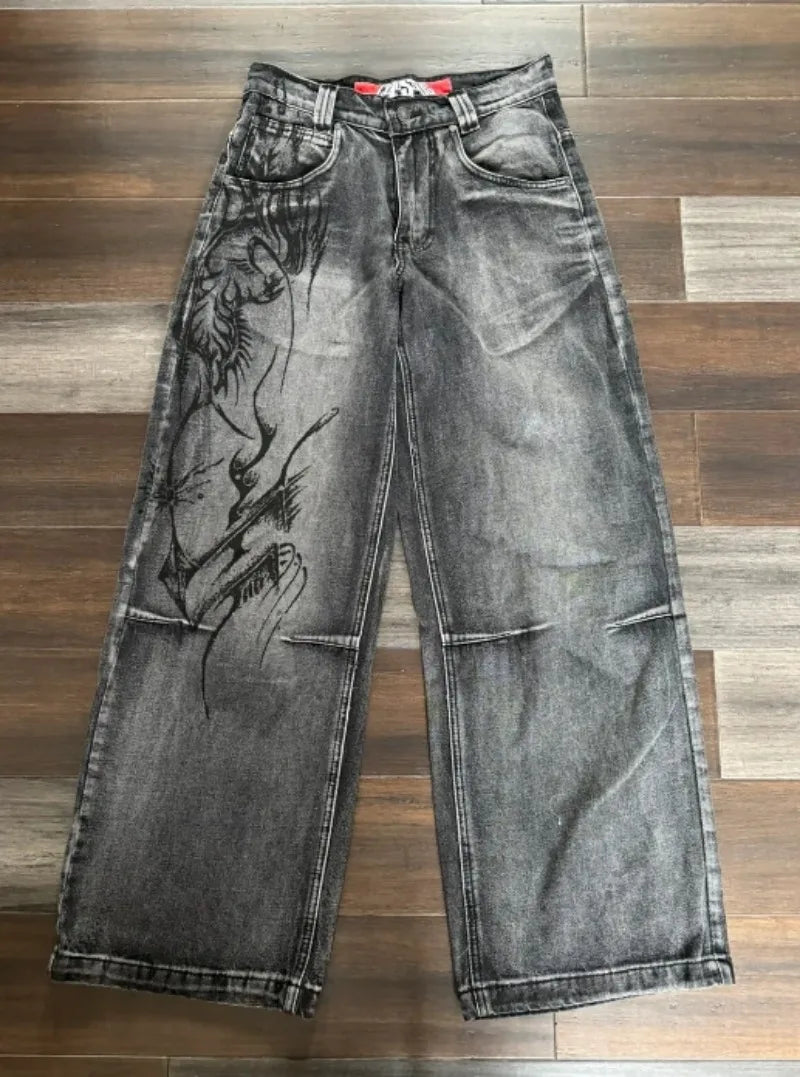 American Harajuku Vintage Print Jeans Y2K Washed Gray Straight Pants Street Gothic Loose Unisex Trousers Tide
