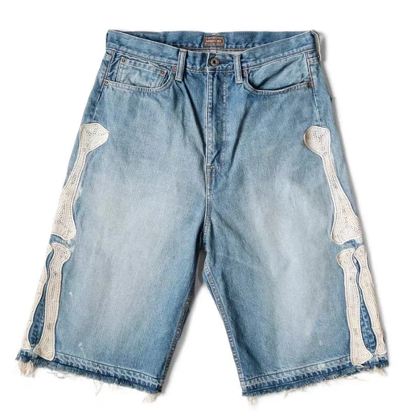 Y2k Vintage Harajuku Denim Shorts Washed Letter Embroidery Tassels American Retro Jeans Man Baggy Hip Hop Jorts
