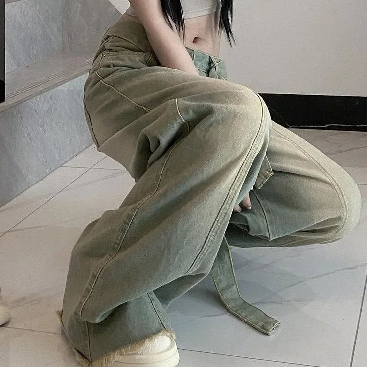 Retro American Denim Jeans High Waist Wide Leg Pants Vintage Washed Design Slimming Effect Style