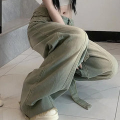 Retro American Denim Jeans High Waist Wide Leg Pants Vintage Washed Design Slimming Effect Style