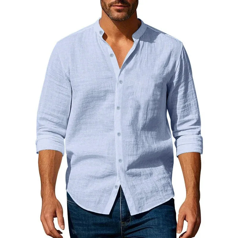 Chemise en coton et lin pour hommes, col Henley, couleur unie, légère, respirante, coupe cintrée, simple boutonnage, manches longues, boutonnée