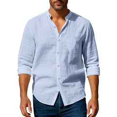 Chemise en coton et lin pour hommes, col Henley, couleur unie, légère, respirante, coupe cintrée, simple boutonnage, manches longues, boutonnée