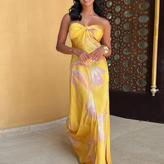 Yellow Printed Halter Satin Dress Hollow Off Shoulder Bohemian Dress Sleeveless Slim Party Long Dresses