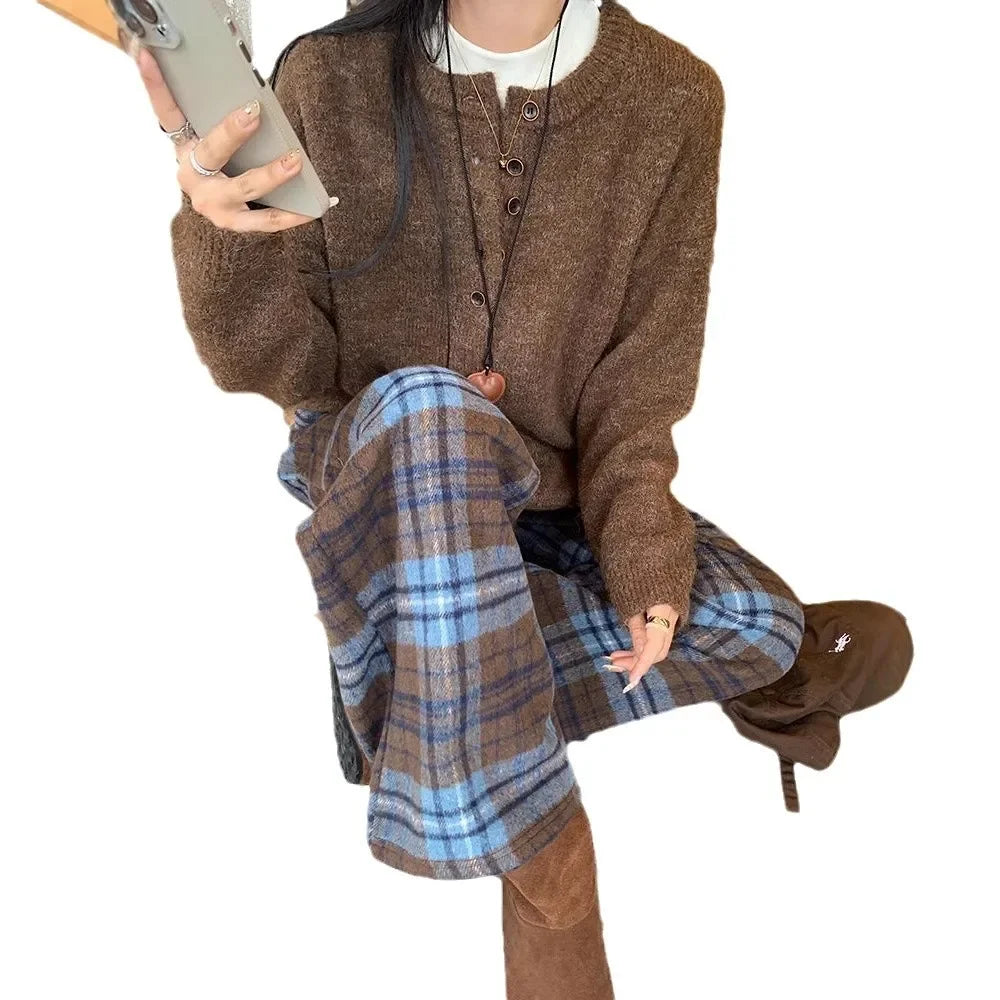 Blue Plaid Thickened Woolen Casual Pants Style Straight Leg Wide Leg Floor Length Trousers Trendy Long