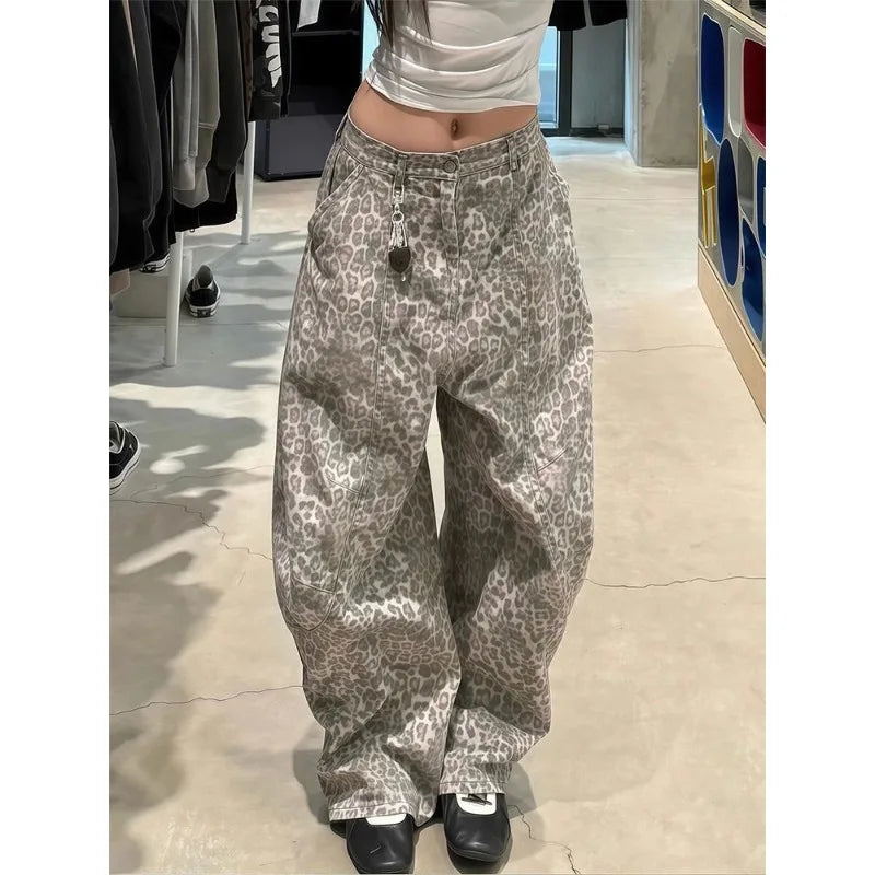 American Retro Stitching Leopard Print Jeans Streetwear Hip-hop Loose Straight Trousers Y2K Wide Leg Denim Pant