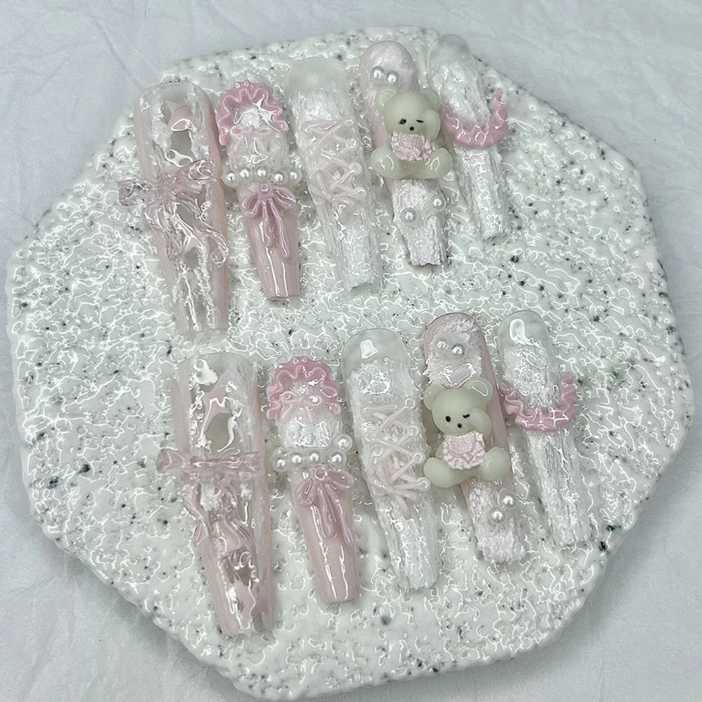 10PCS Cute Pink Blue Lolita French Lace Handmade Press On Nails 3D Teddy Bear Bow Pearl Fake Nails Sweet Elegant Long Nail Art