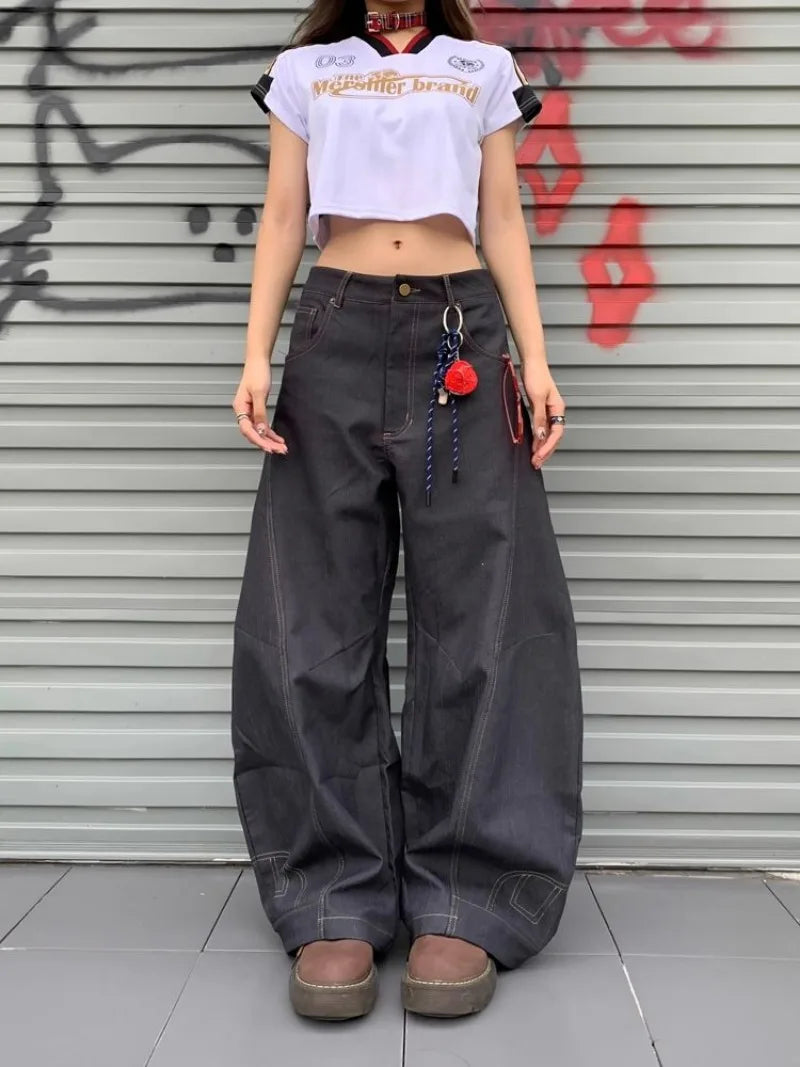 American Letter Embroidery Stitching Old Baggy Jeans Y2K Harajuku High Waist Wide Leg Trousers