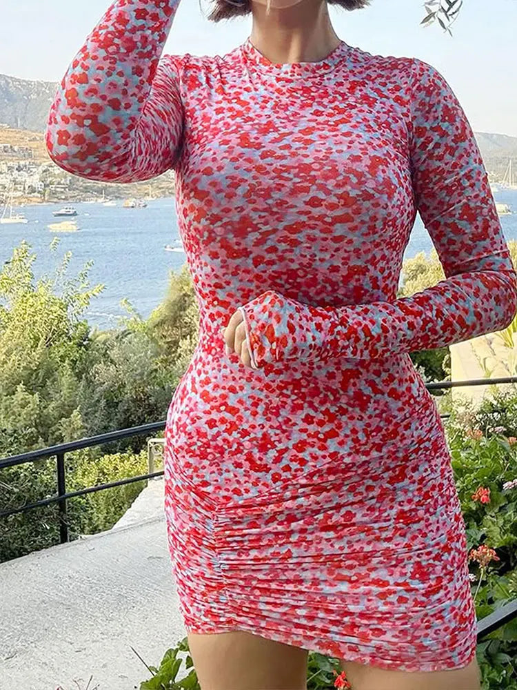 Dresses Pink Leopard Print Dress Streetwear Hollow Out Long Sleeves O-Neck Dresses Clothing