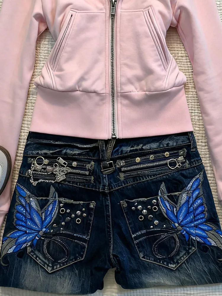 American High Street Large Size Butterfly Embroidered Jeans Y2K Millennium Harajuku Slim Flared Jeans