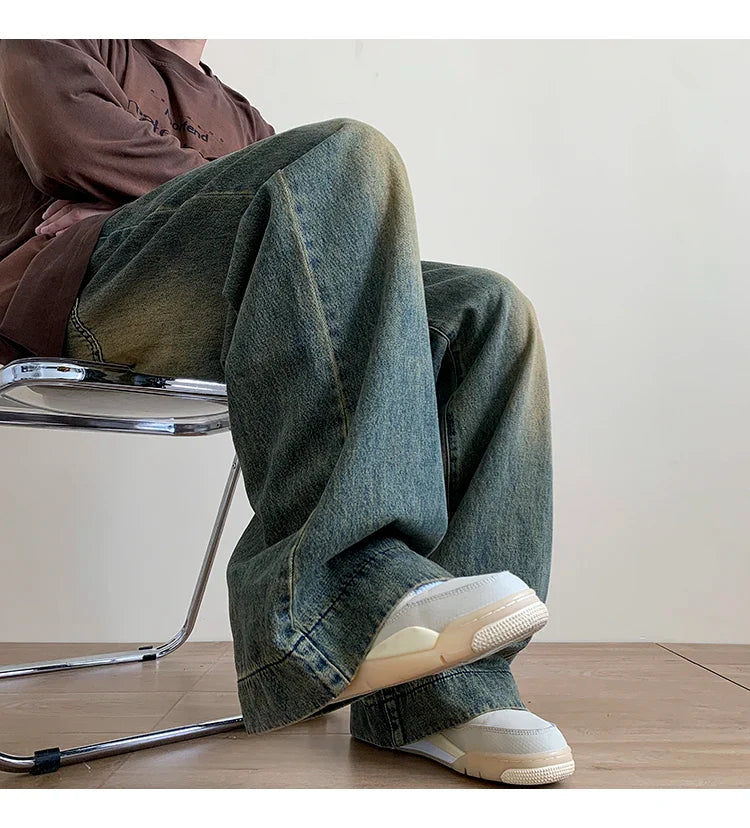 Distressed Vintage Blue Jeans Wide-leg Denim Trousers Male Oversize Streetwear Casual Baggy Straight Jeans