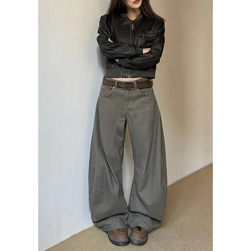 American Vintage High Waist Camel Jeans Baggy Y2K Wide Leg Denim Trouser Clothes