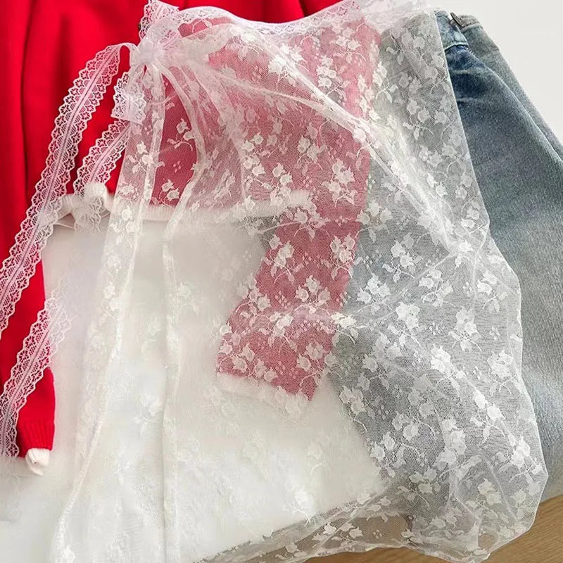 Korean Lace Irregular Skirt Curtain White Flowers Lace Mesh Halfbody Skirt Bottoms Jeans Decorative Hemline