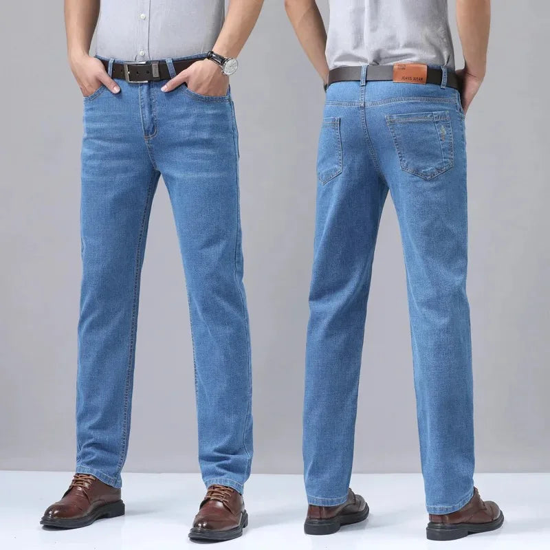 Light Blue Comfort Soft Jeans Thin Straight Business Denim Pants Breathable Cotton Casual Stretch Work Trousers